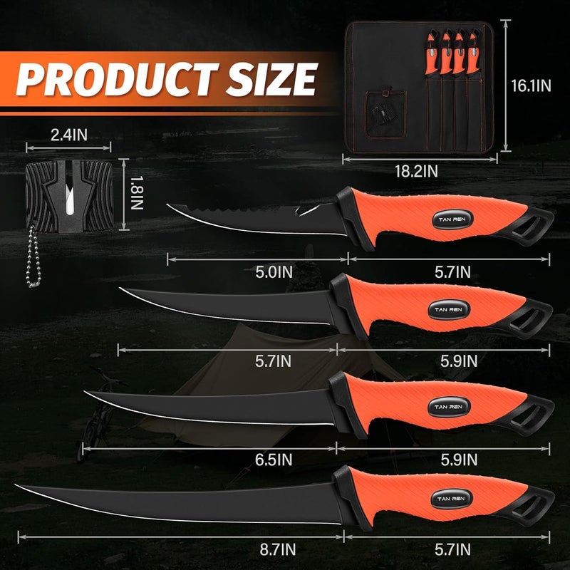 TAN REN Fish Filet Knife Set – 5 PCS Stainless Steel Bait & Fillet Knives with Sharpener and Storage Bag, Fishing Knives Kit with Non-Slip Handle for Filleting, Boning, Fishing Gift for Men - Image 4